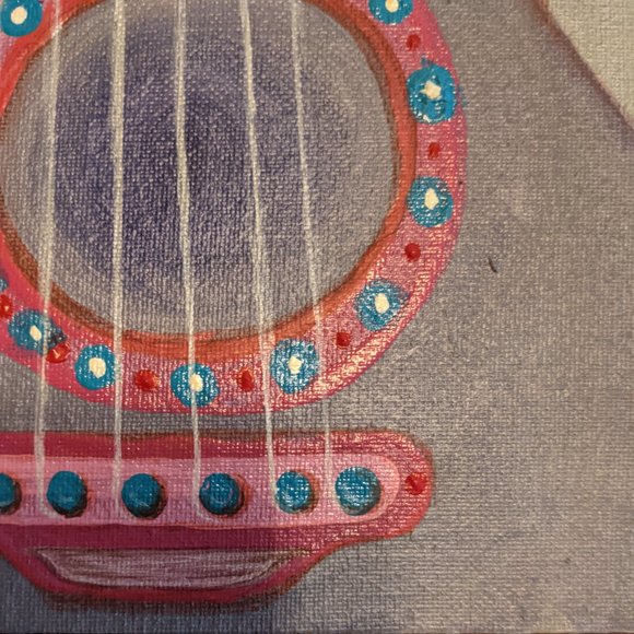 ORIGINAL Acrylic Painting 10" x 12" GUITAR on Canvas SIGNED tlp Gray Red Pink - Picture 4 of 8